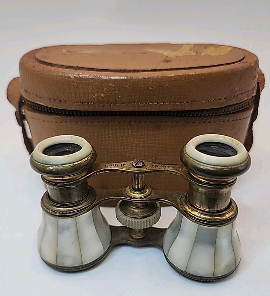 Antique Verdi Paris Opera Glasses Mother of Pearl Binoculars W/Leather Case