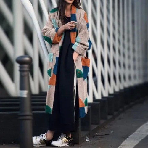 Women's Fashion lapel print long sleeve jacket coat