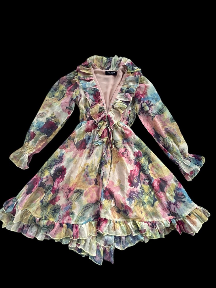 Few Moda Floral Mini Dress Size Small Long Sleeve Tie Waist V Neck Boho