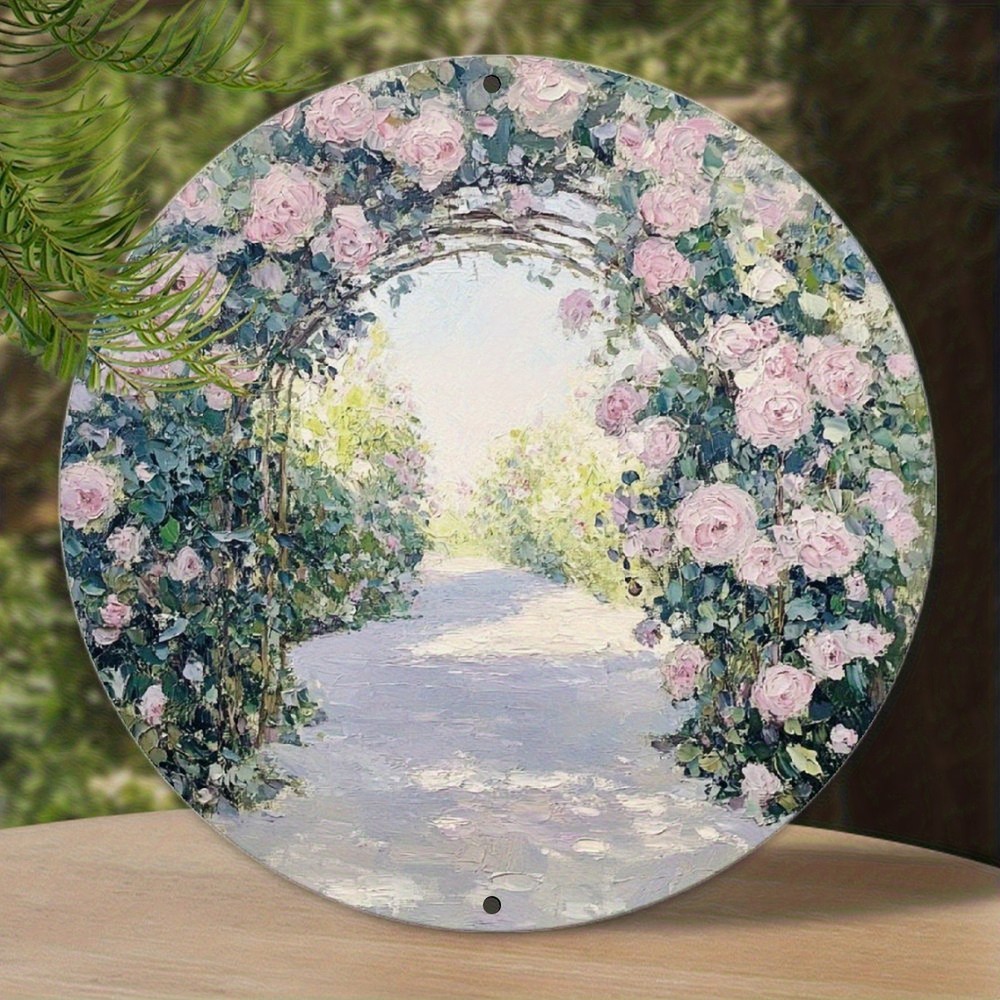 Vintage Floral Pink Roses Green Foliage Round Aluminum Sign