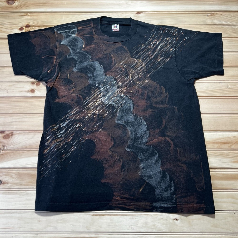 Vintage 90s Abstract Custom Hand Made Painted AOP Waterfall Art Shirt Size XL
