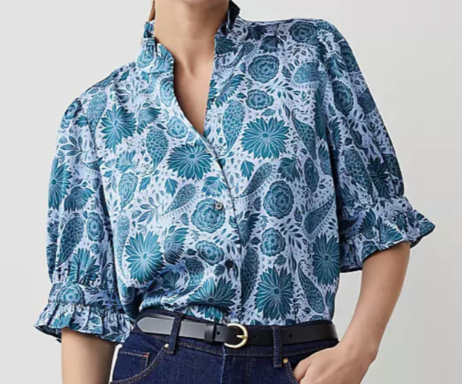 ANN TAYLOR Blue/Lavender Floral SATIN BLOUSE TOP Button-Up RUFFLE SLEEVE sz SP S