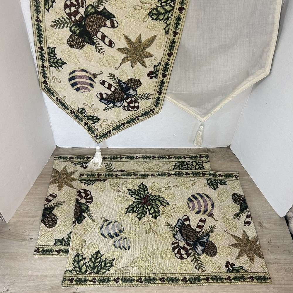 Set Of 2 Tapestry Placemats & Matching Table Runner Christmas Holly Candy Cane