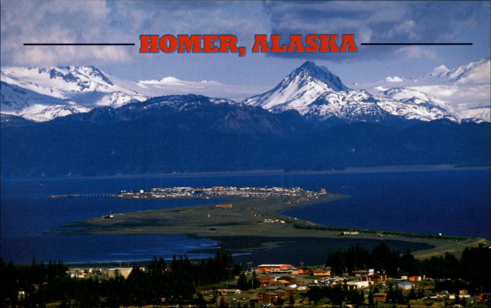 Homer Alaska Kachemak Bay mountains snow aerial view unused vintage postcard