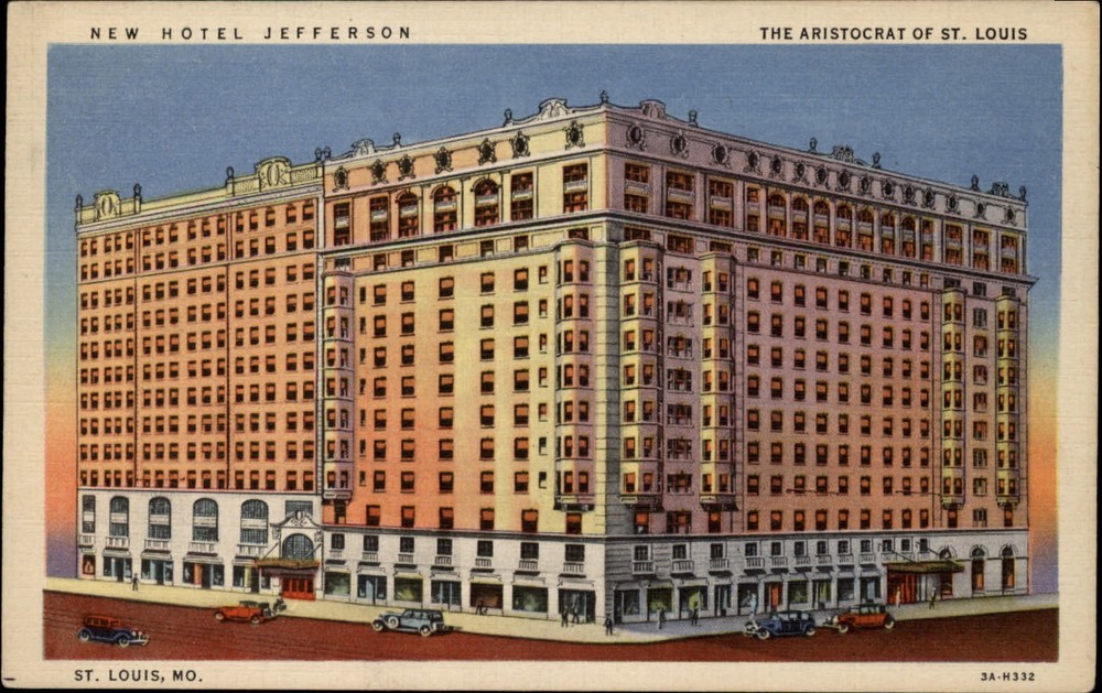 St Louis Missouri Hotel Jefferson antique cars ~ 1930s linen postcard