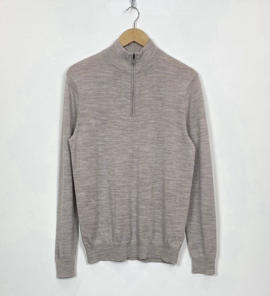 Paul Castelloe Merino Wool 1/4 Zip Long Sleeve Jumper Sweater Men’s Size M Beige