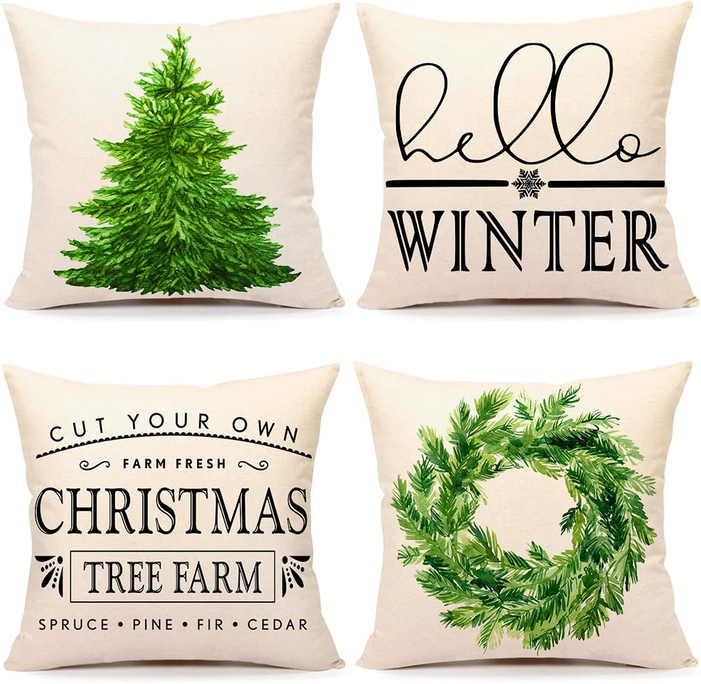 Christmas Pillow Covers 18X18 Set of 4 Farmhouse Christmas Decorations Green Fir