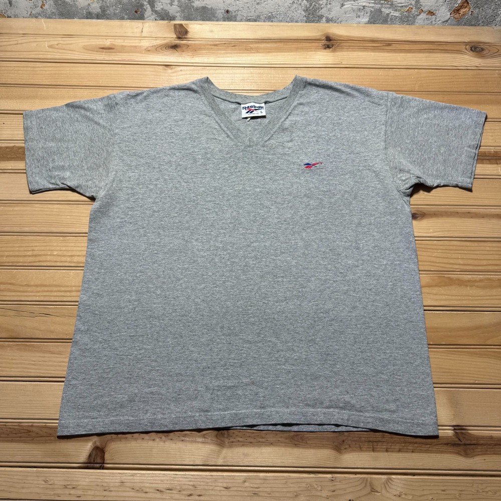 Vintage 90s Reebok Vector Logo Embroidered V-Neck Heather T-Shirt - Size Large