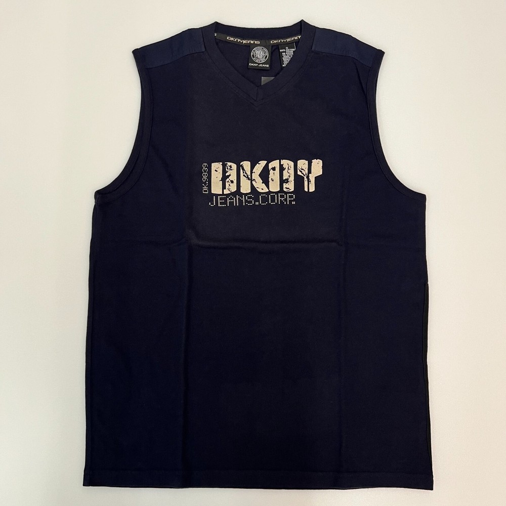 DKNY Jeans Muscle Tee Men S Navy Blue V-Neck Distressed Graphic Logo VTG NWT