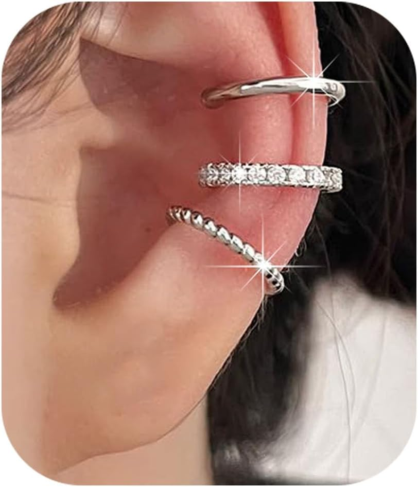 Silver Hoop Ear Cuffs for Women and Teens Non-Piercing Hypoallergenic Trendy Style