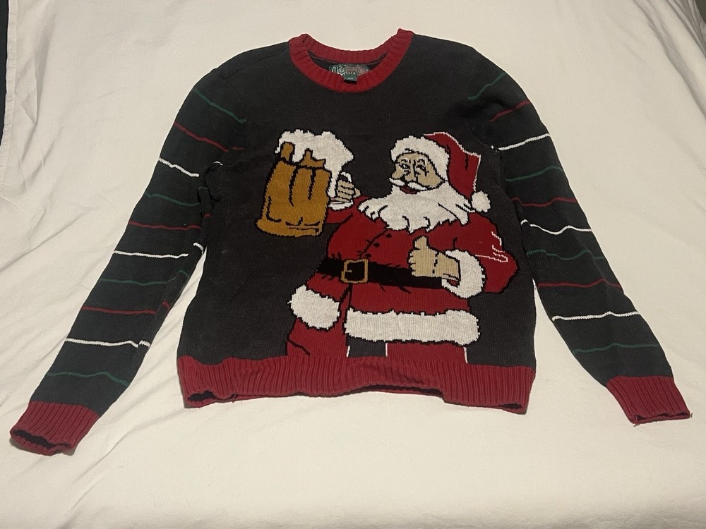 Ugly Christmas Sweater Santa Claus Pullover Men's M Black Red Holiday Knit