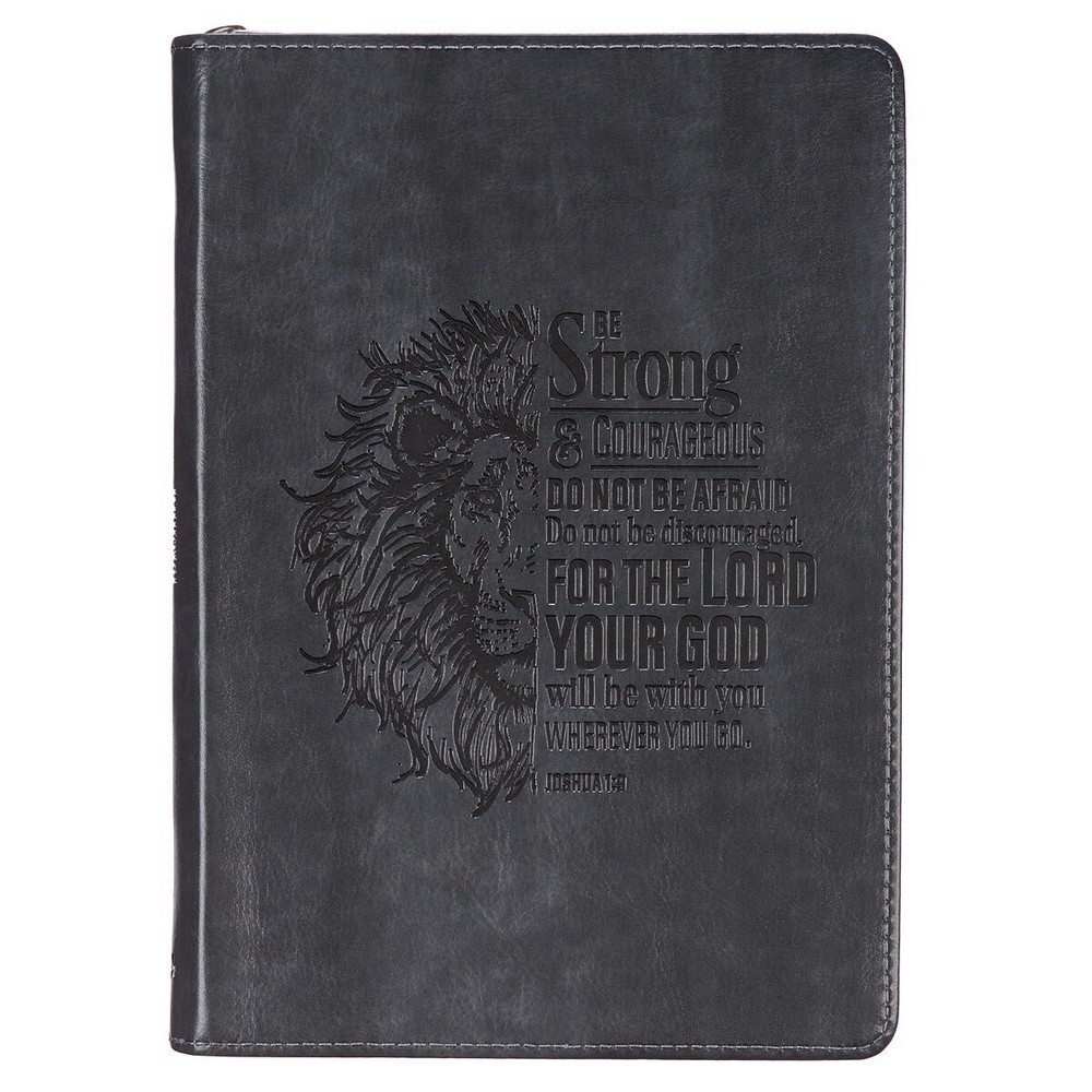 Gray Faux Leather Journal: Be Strong & Courageous Lion Joshua 1:9, w/Lined Pages