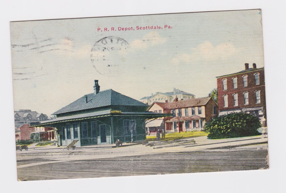 vtg Scottdale PA PRR Depot train station pre linen postcard uncommon