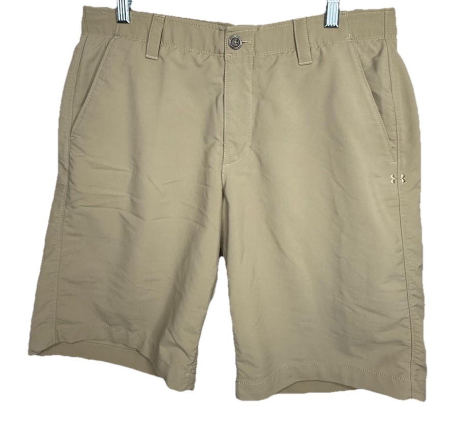 Under Armour Mens Size 34 Khaki Flat Front Stretch Performance Golf Shorts