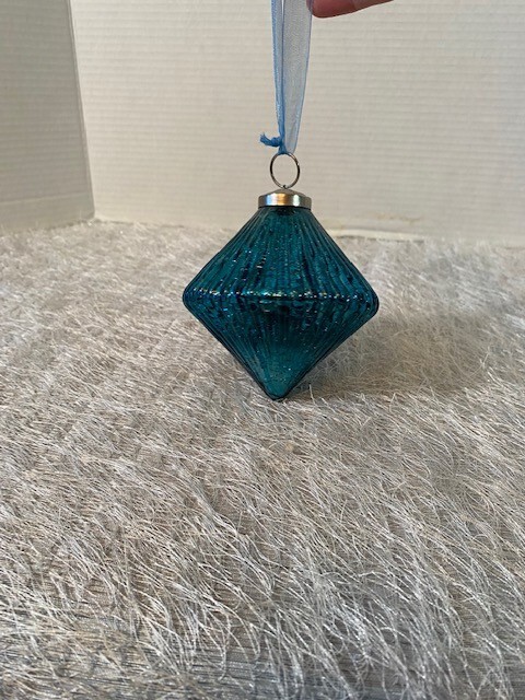 Vintage Turquoise Blue Kugel Christmas Ornament Hand Blown Crackle Glass Diamond