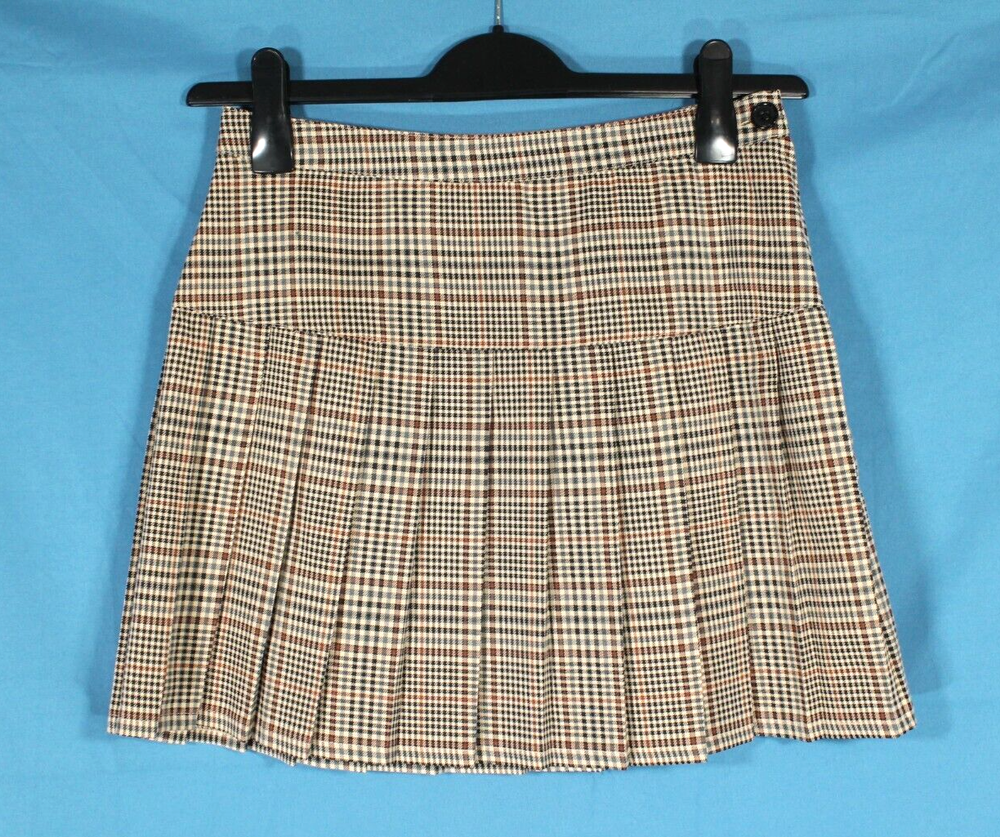 Dickies Junior Brown Plaid Pleated Button Zip Preppy School Mini Skirt Size 7