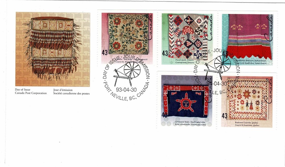 CANADA 1993 HAND CRAFTED TEXTILES SET OF 5 ON OFFICIAL FIRST DAY COVER FDC