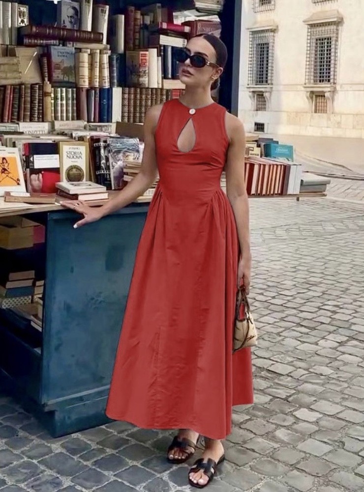 Cotton & Linen Pleated Cutout Midi Dress Red Size XL Runs M/L