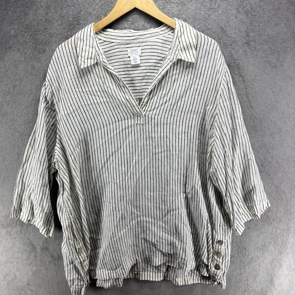 Sigrid Olsen 100% Linen Striped Long Tab Sleeve Button Up Shirt Size 2X Plus
