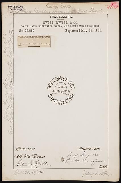 Photo:Danbury CT Swift Dwyer & Co Hatter Trademark Registration 1895