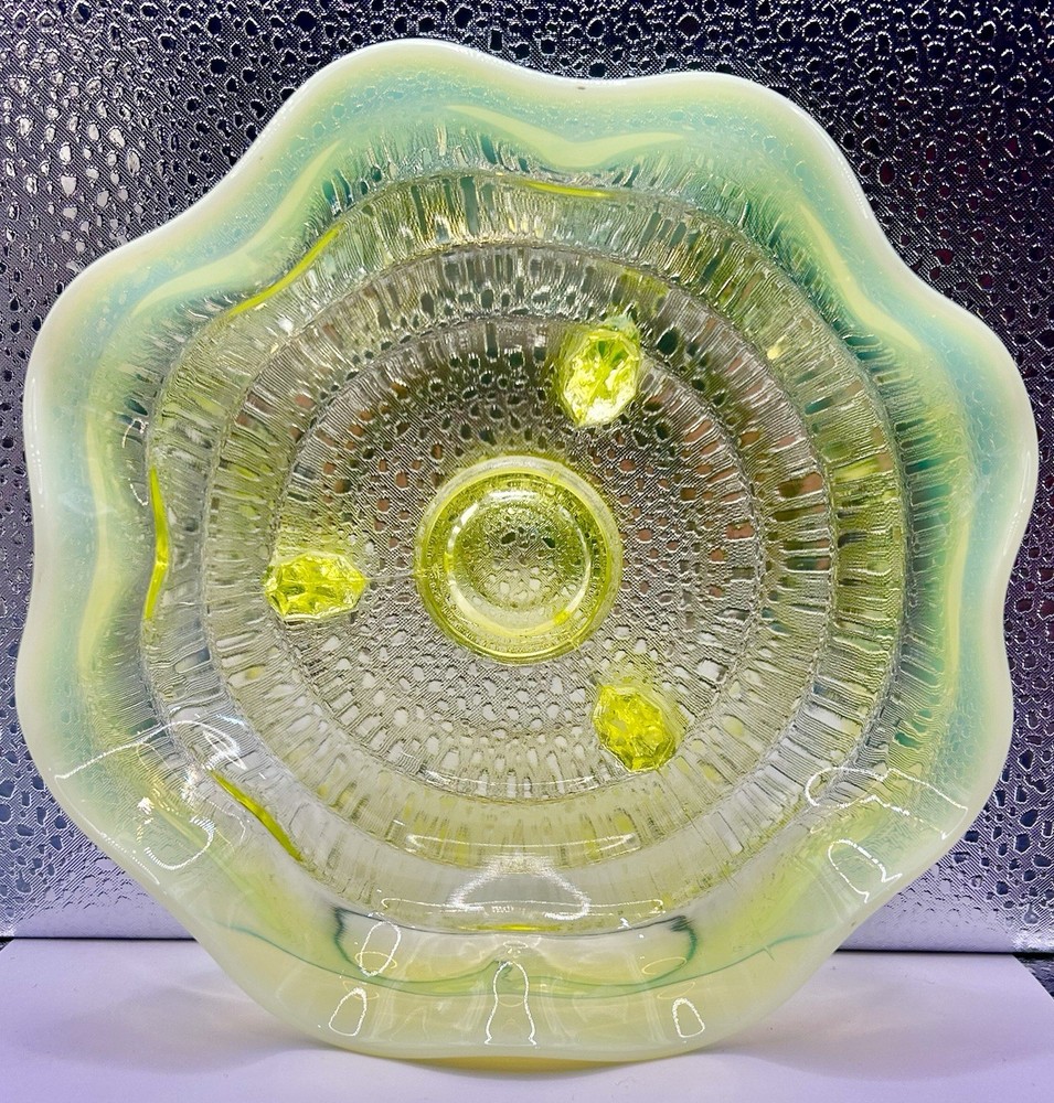Vintage Fenton Topaz Vaseline Opalescent Ruffled Footed Candy Bowl  