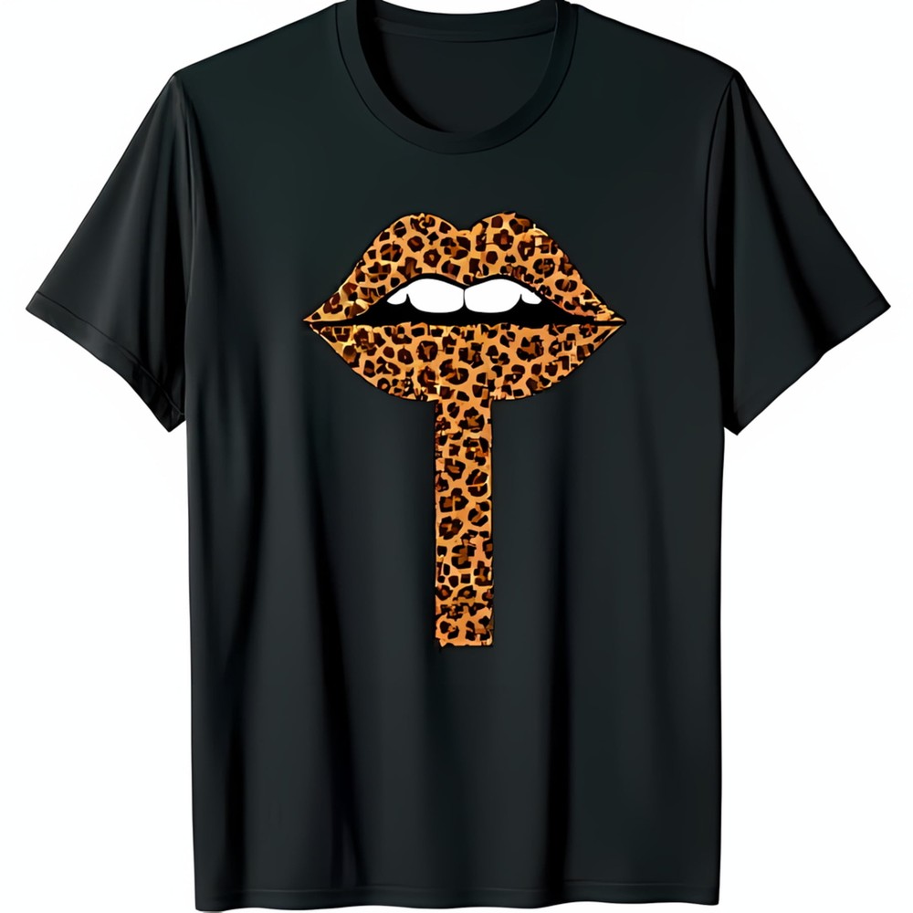 Black T-Shirt with Print Lips Design White Outline & Smile Graphic