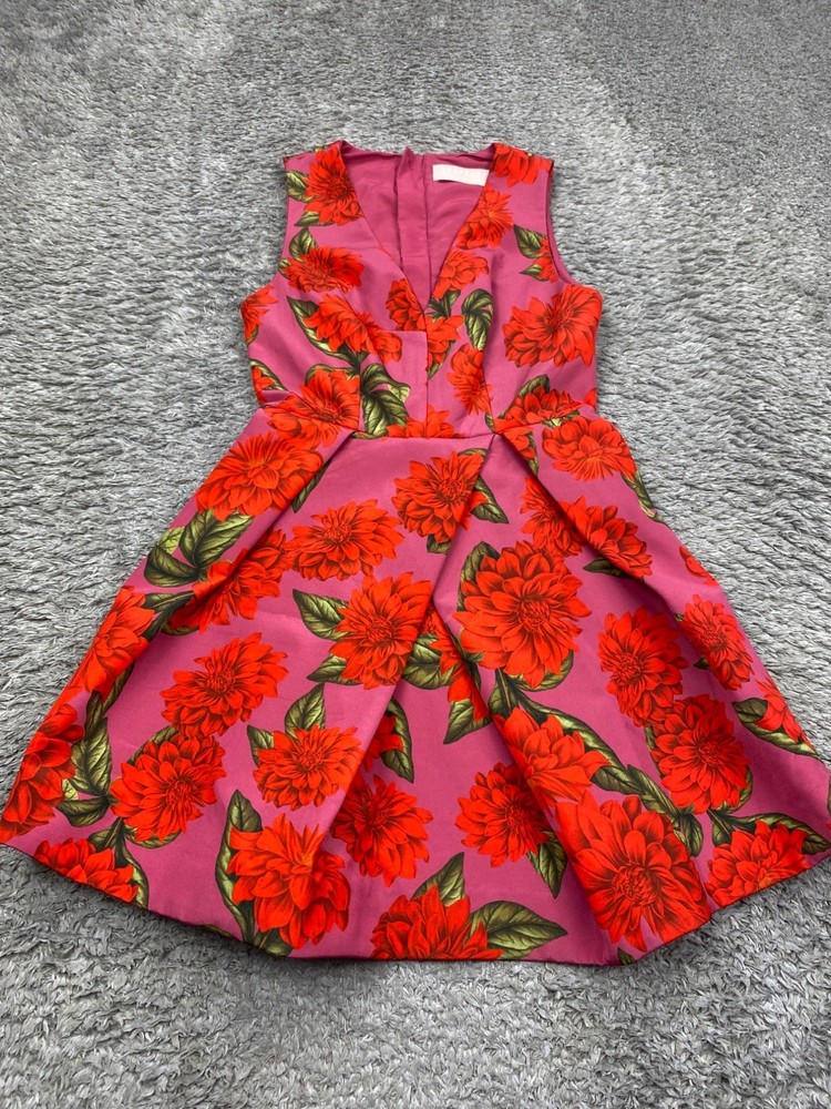 Keepsake Dress Women XS Red Floral Rose Raspberry Dahlia Pleated Flare Mini