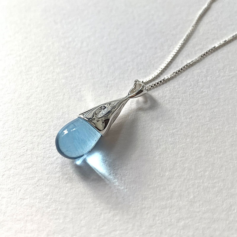 925 Sterling Silver Blue Cat Eye Opal Water Droplet Pendant Necklace