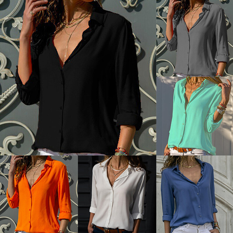 Womens Summer Solid Chiffon Long Sleeve T Shirt Lapel Blouse Ladies Casual Tops