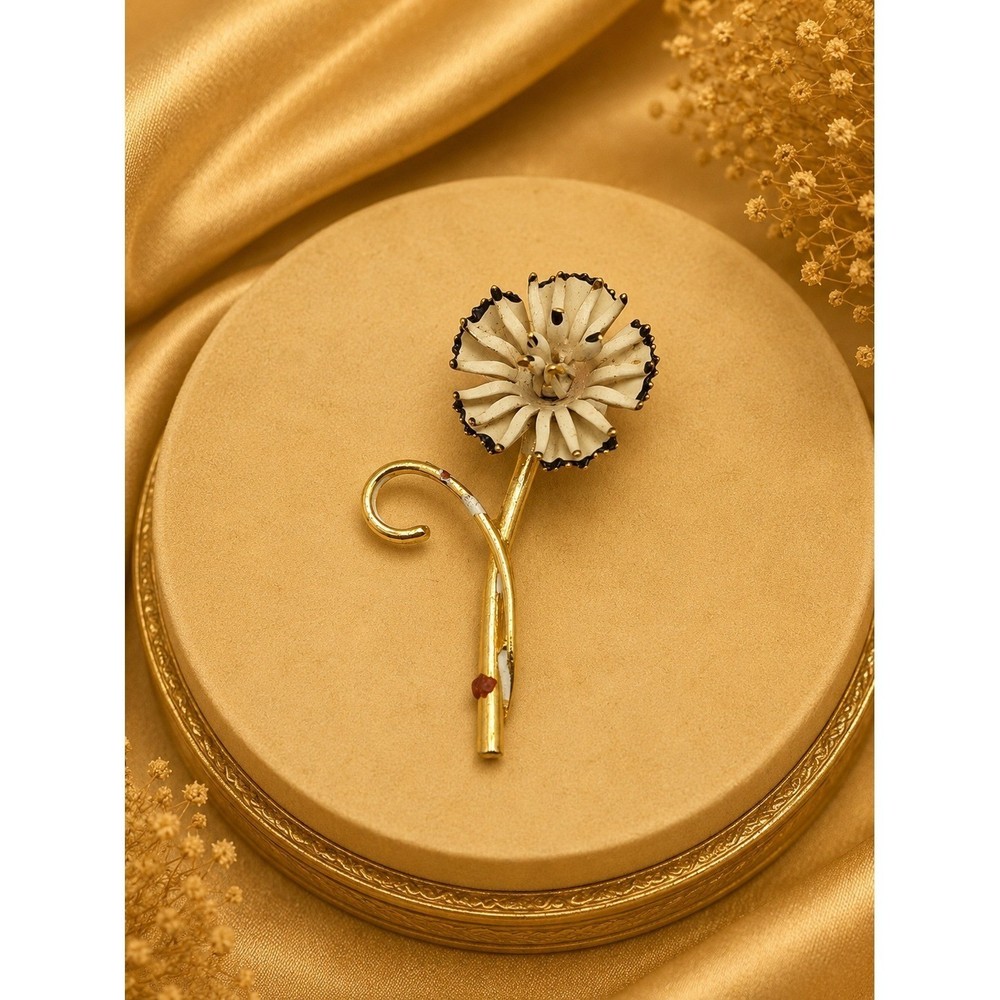Vintage Unsigned White Enamel Flower Brooch Pin Gold Tone Stem