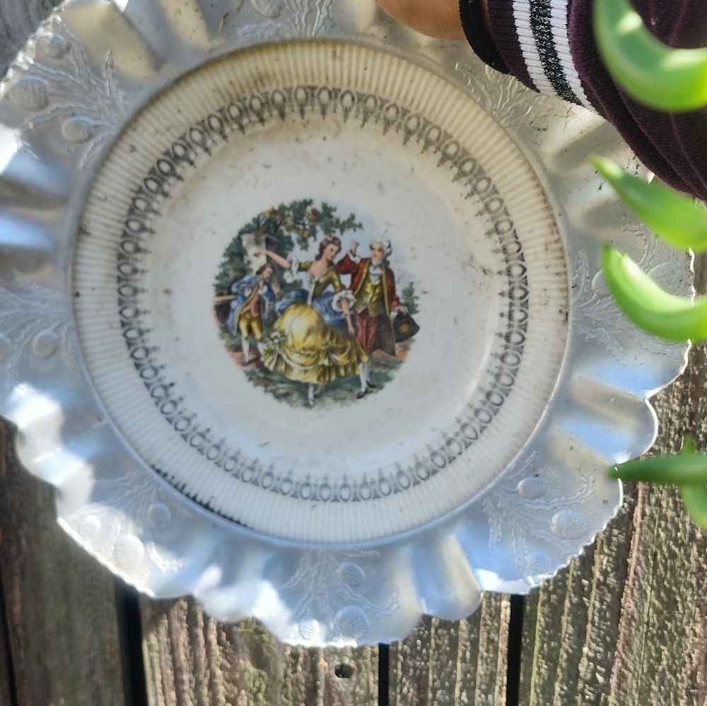 Unmarked White Round Ceramic Decorative Plate Scalloped Rim Courtship Scene