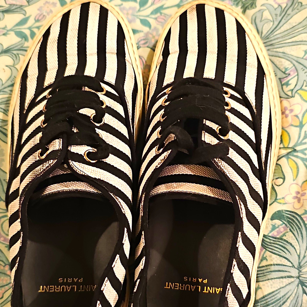 Saint Laurent Black & White Striped Canvas Lace-Up Sneakers US 7