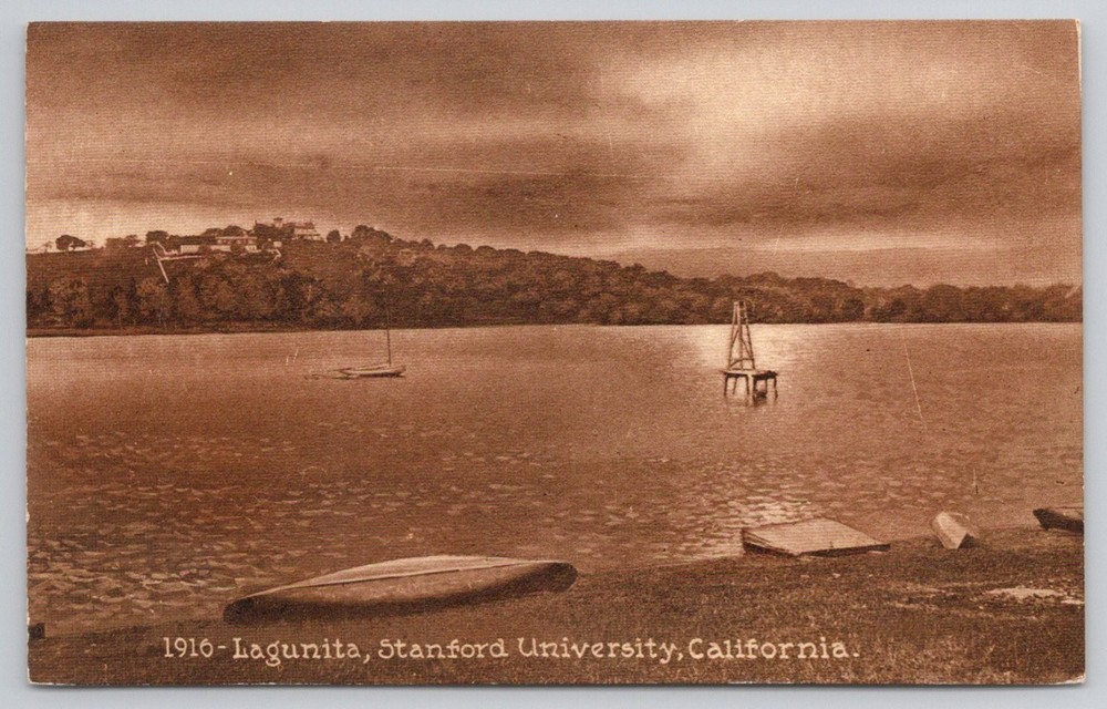 1916 Lagunita Stanford University CA Sepia RPPC Lake Boats Vintage Postcard
