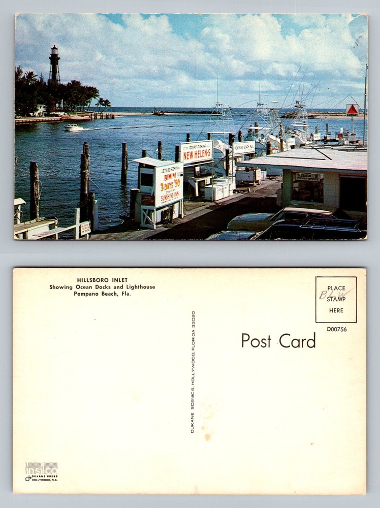 Pompano Beach, FL-Florida, Hillsboro Inlet Lighthouse & Docks Vintage Postcard