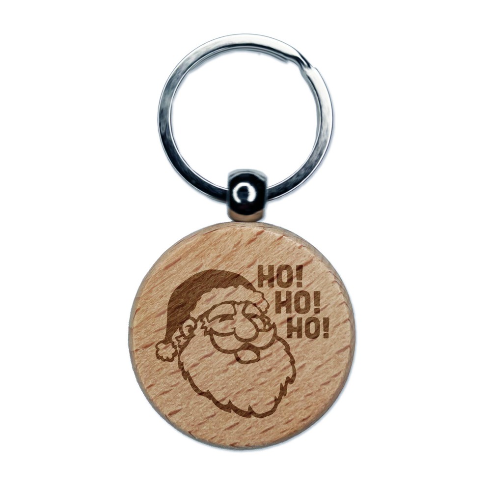 Christmas Santa Claus Saying Ho Ho Ho Engraved Wood Round Keychain Tag Charm