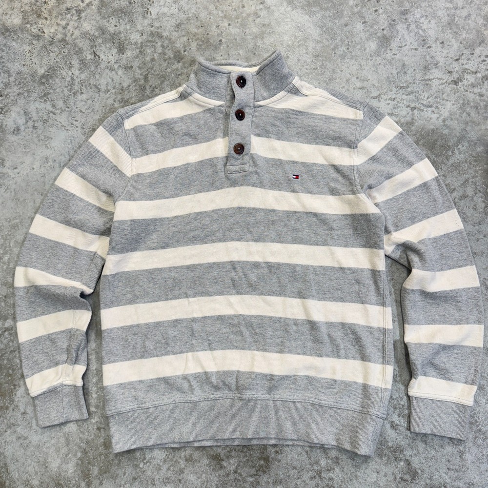Tommy Hilfiger mens gray striped mock neck henley sweater with 90s flag medium
