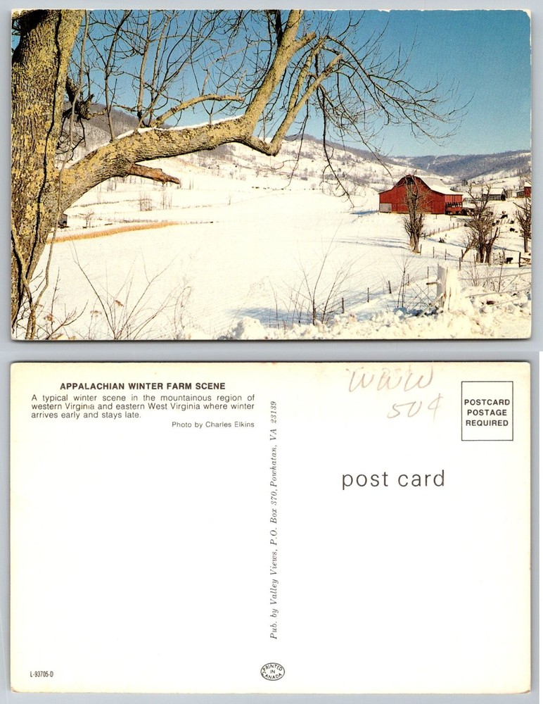 Appalachian Winter Farm Scene Postcard Virginia West Virginia Barn Snow Elkins
