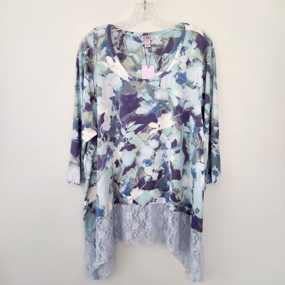 Logo Lori Goldstein Tunic Top Womens 2X Blue Abstract Lace Hem Coastal Lagenlook