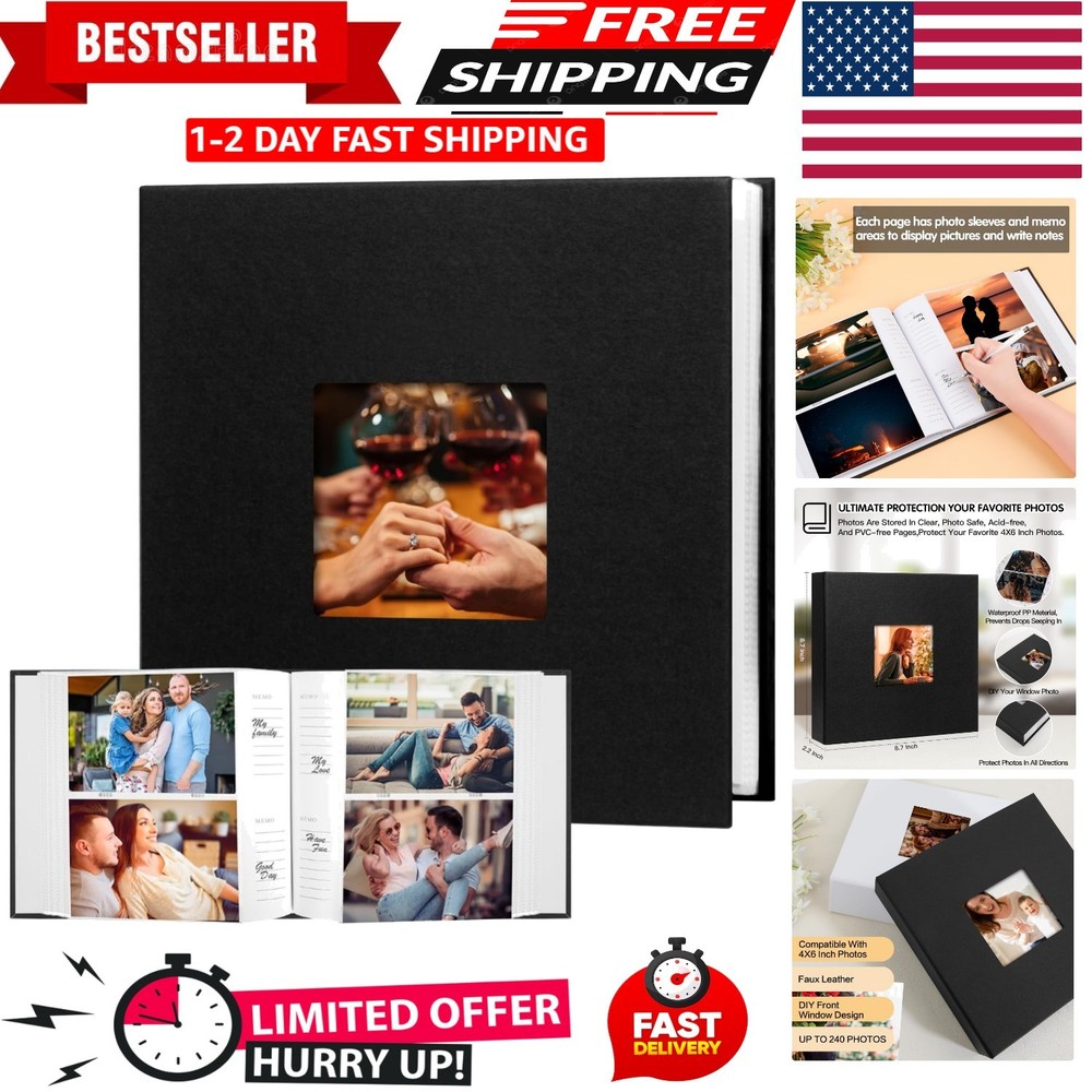 Photo Album 4X6, Holds 240 Photos, Leather Cover with Front Window, Black