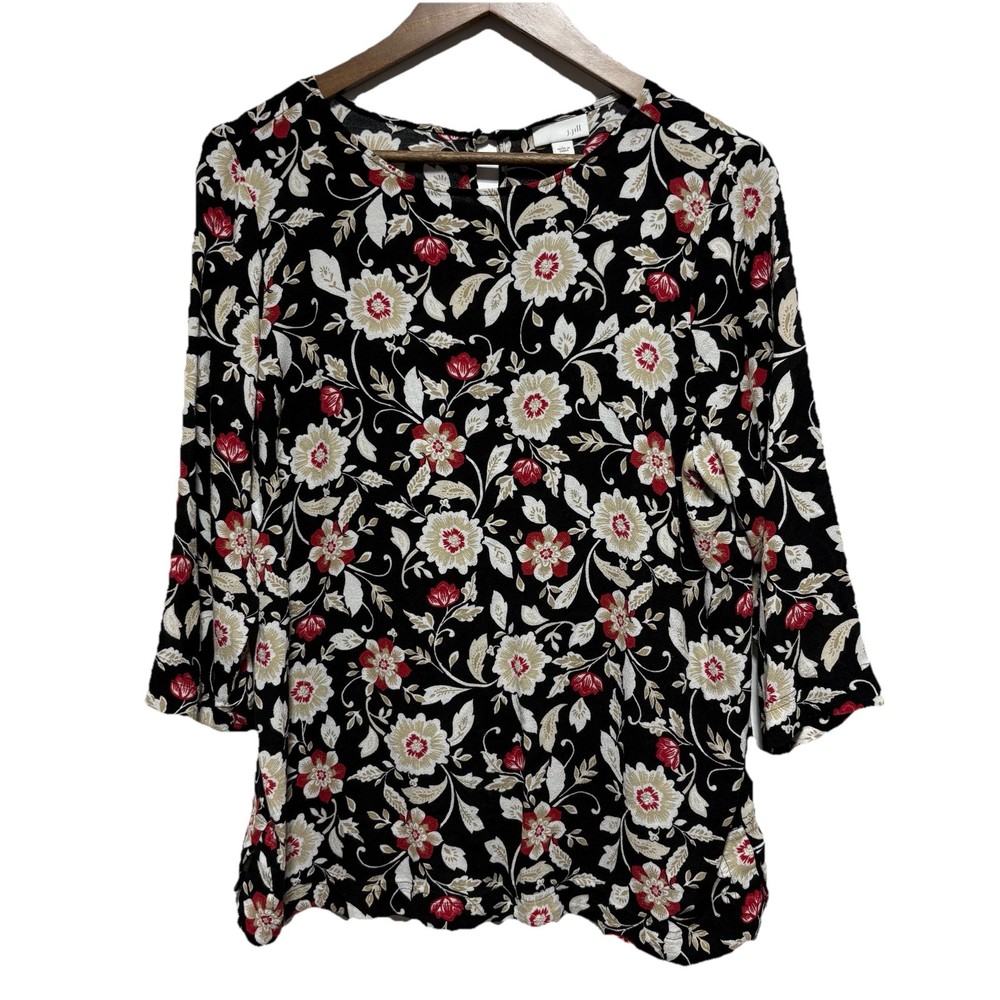 J Jill Blouse Womens L Black Red Floral Rayon 3/4 Sleeve Flowy Lightweight Top
