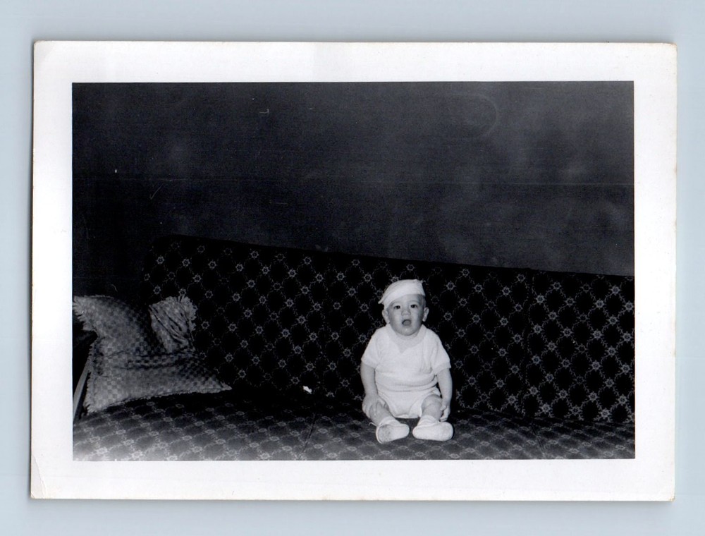 Old Vintage Photo SOLO TODDLER BOY SITTING ON COUCH SOFA HAT SNAPSHOT PIC