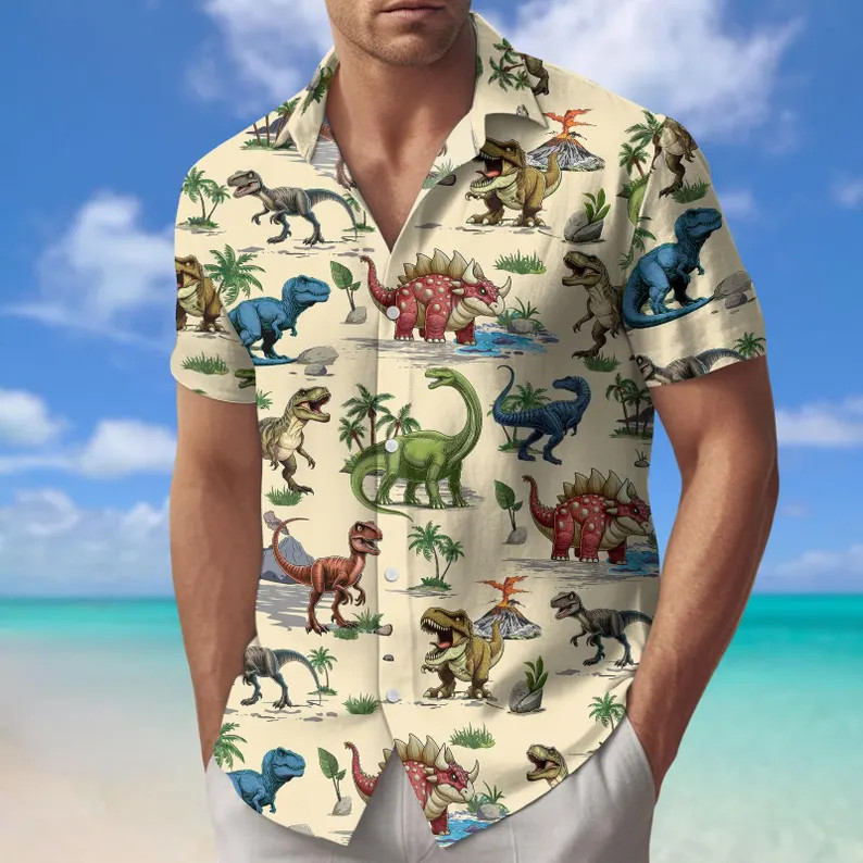 Dinosaur Hawaii Shirt Hawaiian Button Up Aloha Beach Summer Men
