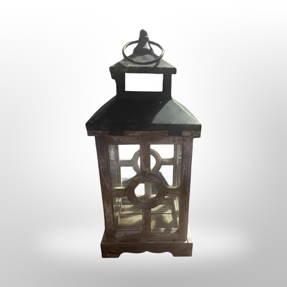 Rustic Farmhouse Wooden Lantern 17” Candle Holder Glass Door Metal Top