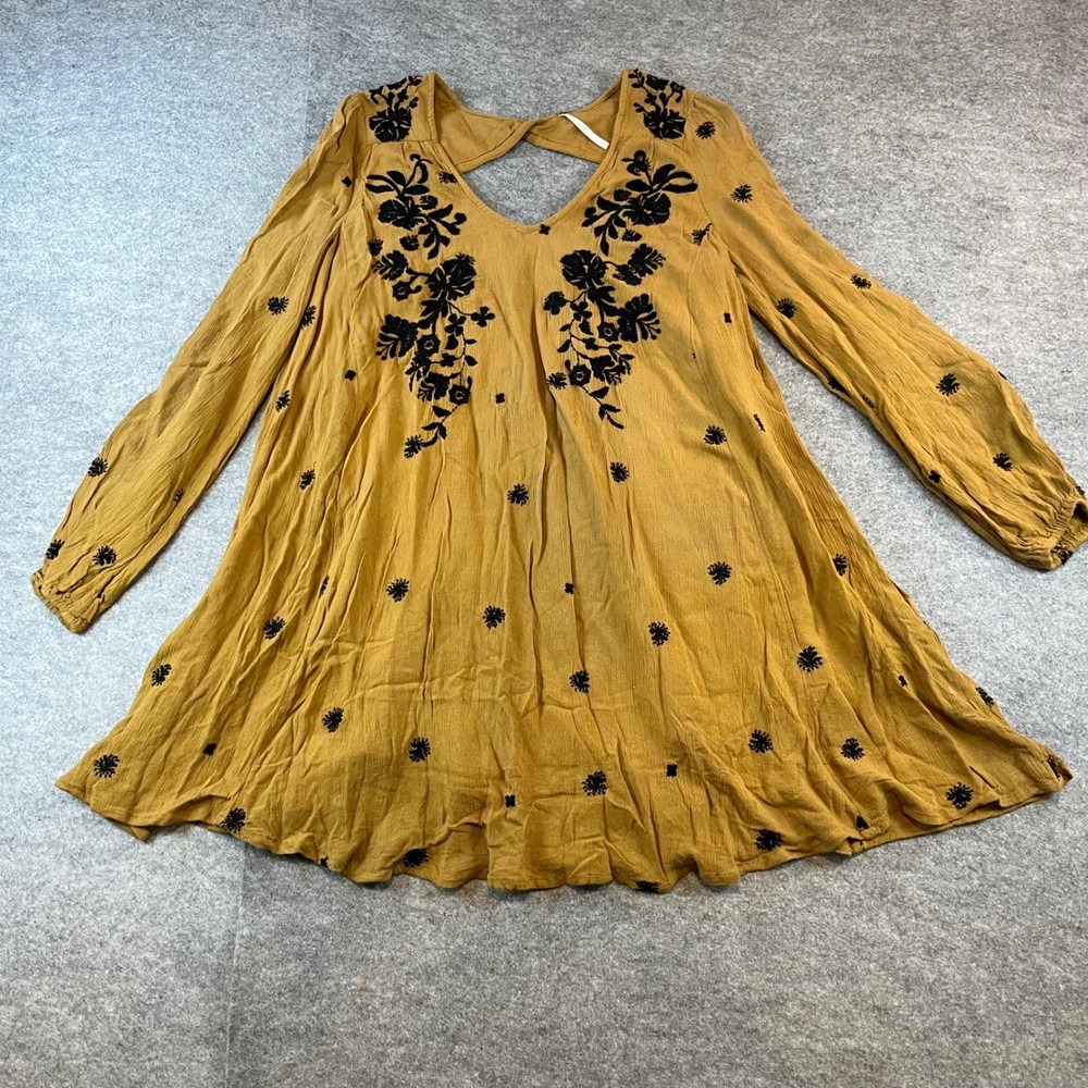 Free People Women Embroidered Mini Dress Mustard Boho Cottagecore XS Long Sleeve