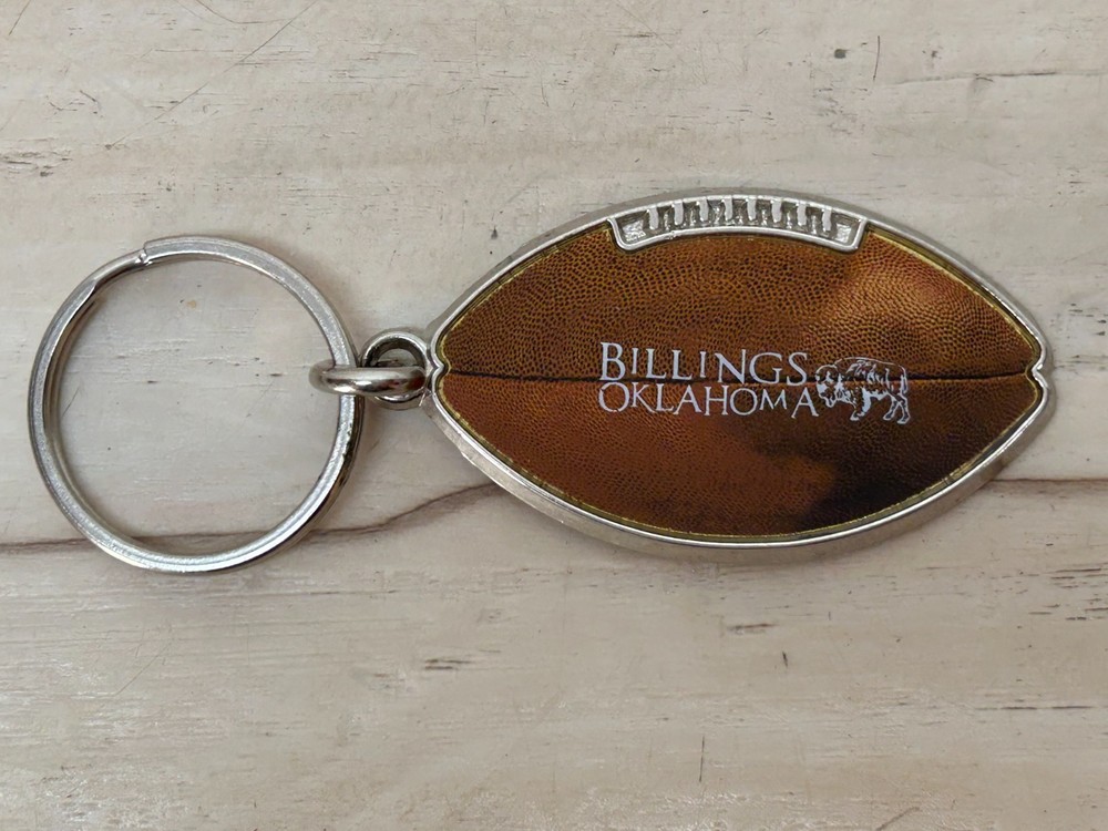 Vintage Billings Oklahoma NFL Football Shape Metal Keychain Travel Souvenir NOS