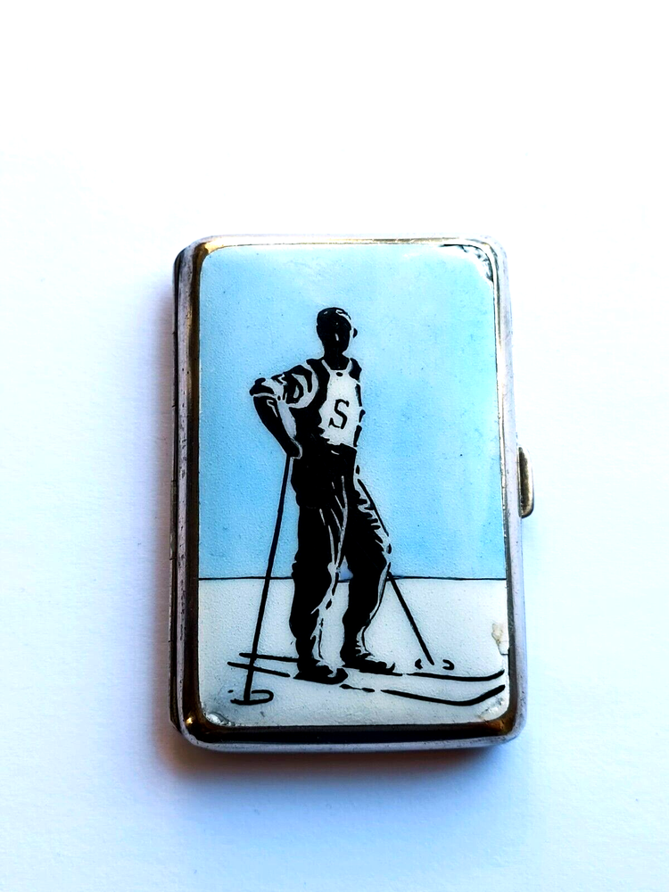 Vintage Art Deco Alpacca Ski Enamel Cigarette Case