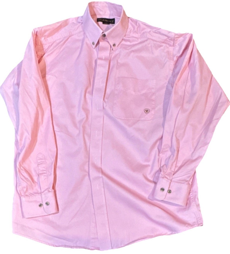 Ariat Men’s L/G Pink Woven Cotton Button-Down Shirt Embroidered Long Sleeve