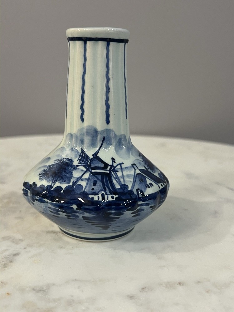Vintage DELFT Holland Bud Vase Blue White Windmill Hand Painted Signed 4.5