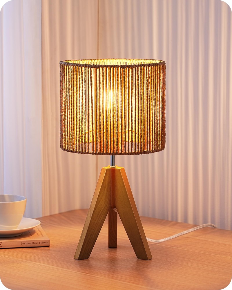 Small Rattan Table Lamp, Wood Tripod Bedside Lamp, Boho Nightstand Lamp for L...