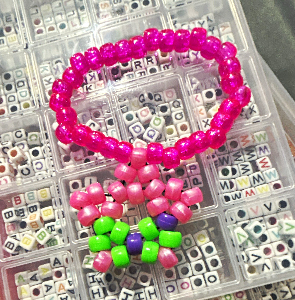 Pink Green Purple Beaded Adjustable Bracelet w/ Flower Charm, Plastic, Unisex